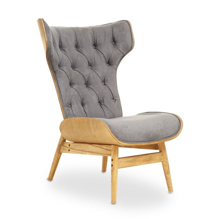 Vinsi Velvet Upholstered Bedroom Chair In Grey With Winged Back