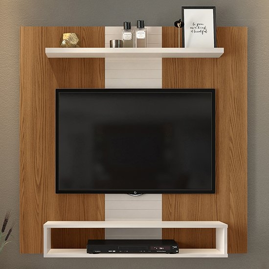 Vision Fixed Tv Wall Panel With Shelf And Storage In Oak Effect And Gloss White