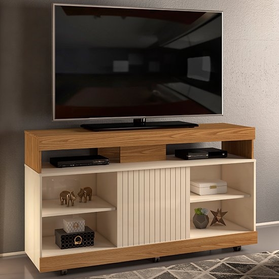 Vision Flat Screen Wooden Tv Stand With Castors In Oak Effect And Gloss White