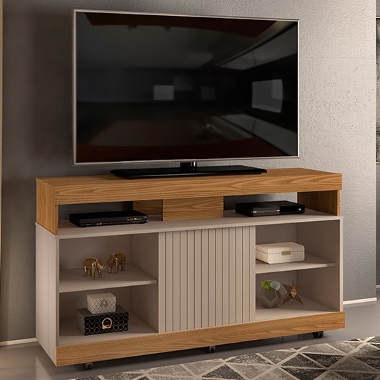 Vision Flat Screen Wooden Tv Stand With Castors In Oak Effect And Grey