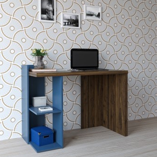 Xavier Wooden Computer Desk In Walnut And Blue