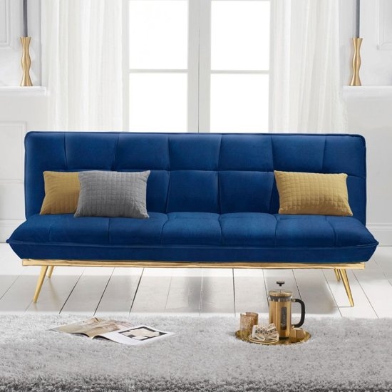 Yasmina Velvet Upholstered 3 Seater Fold Down Sofa Bed In Blue