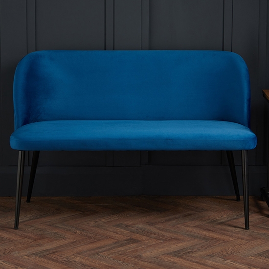 Zara Plush Velvet Upholstered Dining Bench In Blue With Black Legs