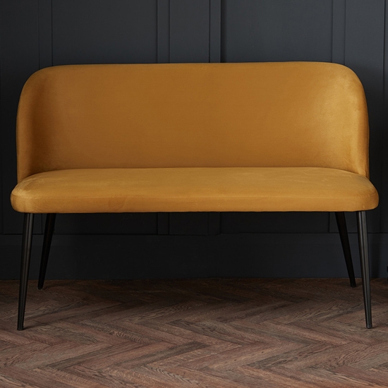 Zara Plush Velvet Upholstered Dining Bench In Mustard With Black Legs